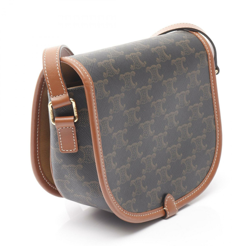 CELINE Folco 中型 Triomphe 單肩包,帆布皮革,黑色/棕色,二手女款-1