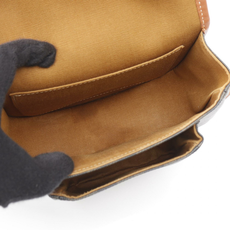 CELINE Folco 中型 Triomphe 單肩包,帆布皮革,黑色/棕色,二手女款-2