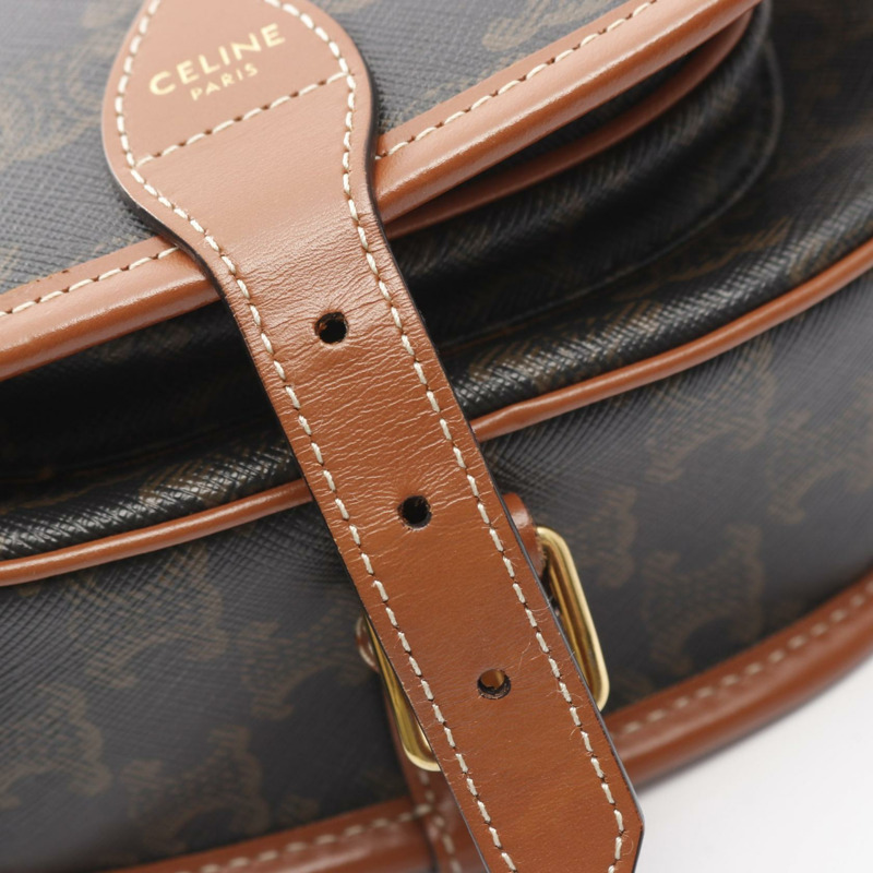 CELINE Folco 中型 Triomphe 單肩包,帆布皮革,黑色/棕色,二手女款-4