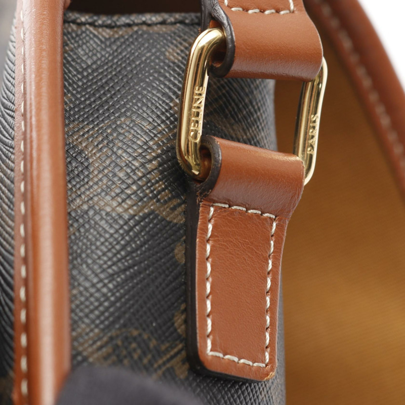 CELINE Folco 中型 Triomphe 單肩包,帆布皮革,黑色/棕色,二手女款-5