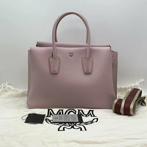 MCM 櫻花粉荔枝牛皮手提肩背斜背包32*22*13 98新配件塵袋吊牌