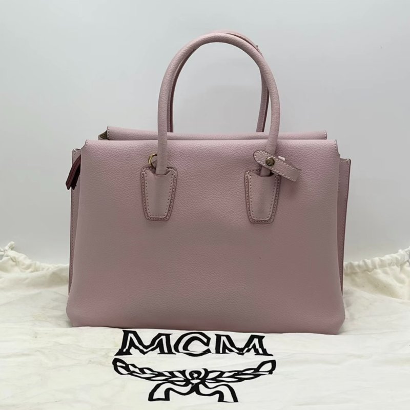 MCM 櫻花粉荔枝牛皮手提肩背斜背包32*22*13 98新配件塵袋吊牌-5