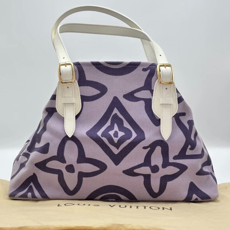 LV 紫色帆布印花金扣手提肩背包 40*26*16 98新配件塵袋-5