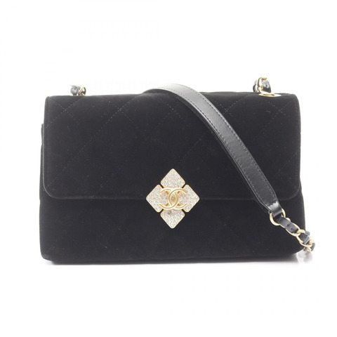 香奈兒 (CHANEL) 絎縫肩鍊斜背包，黑色絲絨布料，二手女款，金色五金配件