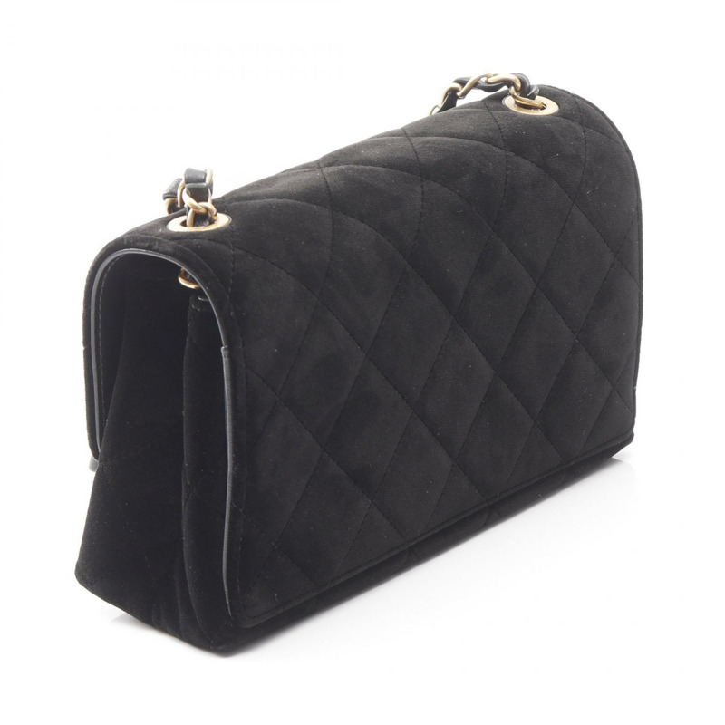 香奈兒 (CHANEL) 絎縫肩鍊斜背包，黑色絲絨布料，二手女款，金色五金配件-1