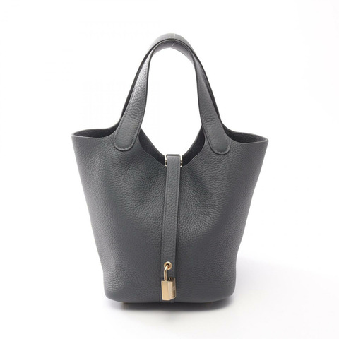 愛馬仕 Picotin Lock PM Eclat 手提包，Clemence Swift 皮革，灰色/黑色，二手，金色五金