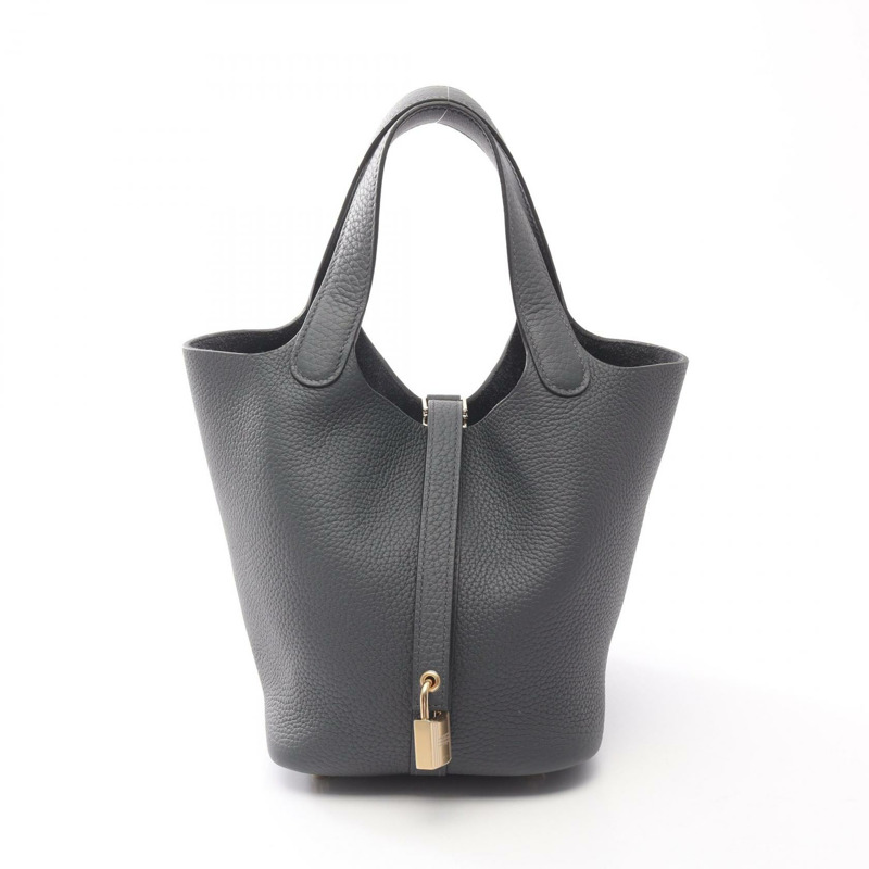 愛馬仕 Picotin Lock PM Eclat 手提包,Clemence Swift 皮革,灰色/黑色,二手,金色五金-0