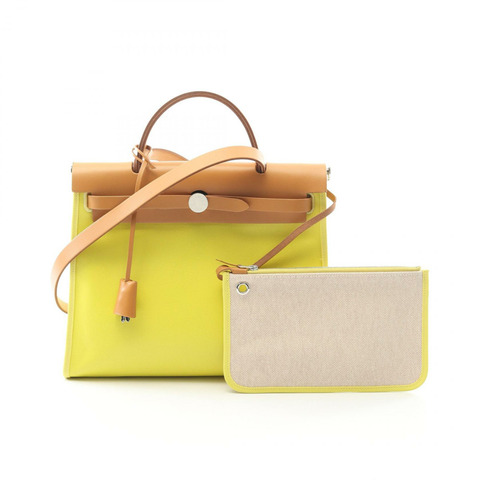 愛馬仕 Herbag Zip PM 單肩手提包 Toile H Berline 帆布皮革 黃色 二手