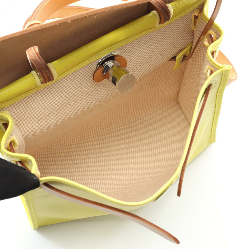 愛馬仕 Herbag Zip PM 單肩手提包 Toile H Berline 帆布皮革 黃色 二手-2