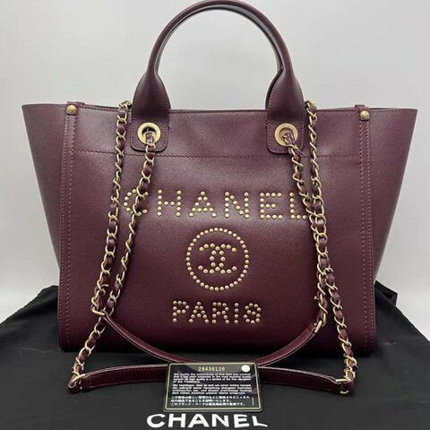 CHANEL 紅色荔枝紋牛皮沙灘包 33*28*6.5 99新 配件塵袋保卡