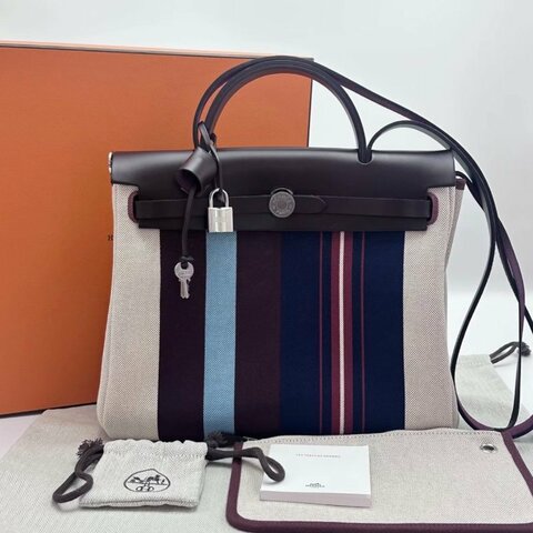 HERMES 拼皮條紋帆布銀扣Herbag31子母手提肩背包31*26*11 全新閒置配件盒子塵袋鎖鑰匙