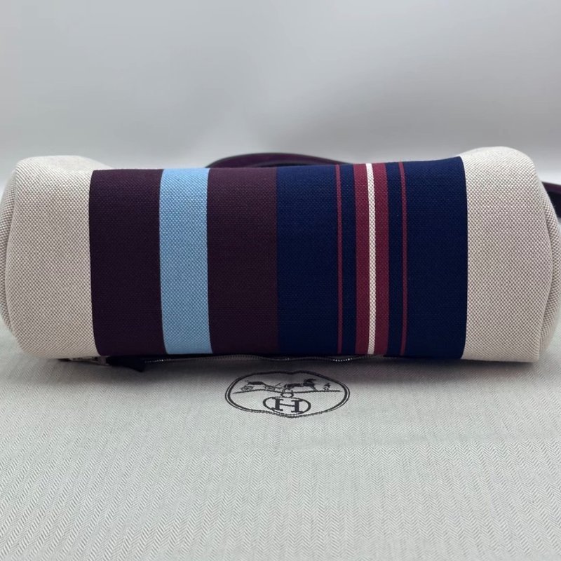 HERMES 拼皮條紋帆布銀扣Herbag31子母手提肩背包31*26*11 全新閒置配件盒子塵袋鎖鑰匙-4