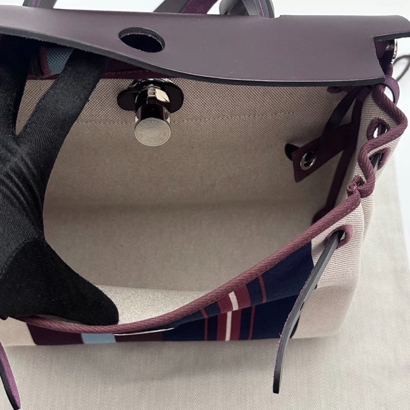 HERMES 拼皮條紋帆布銀扣Herbag31子母手提肩背包31*26*11 全新閒置配件盒子塵袋鎖鑰匙-5