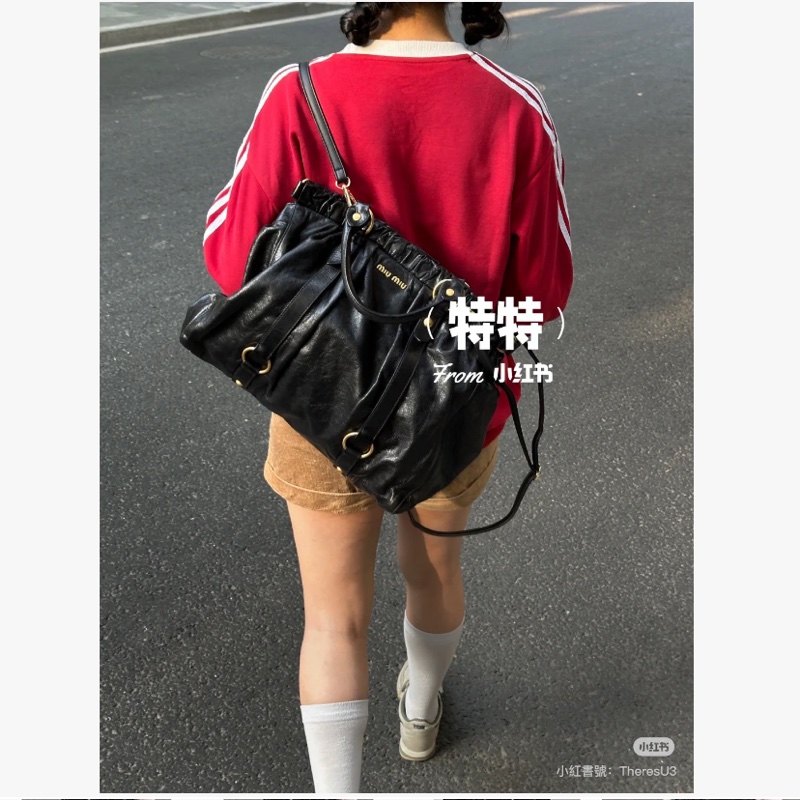 miumiu黑金油蠟機車包 機場包 斜背包 手提包-6