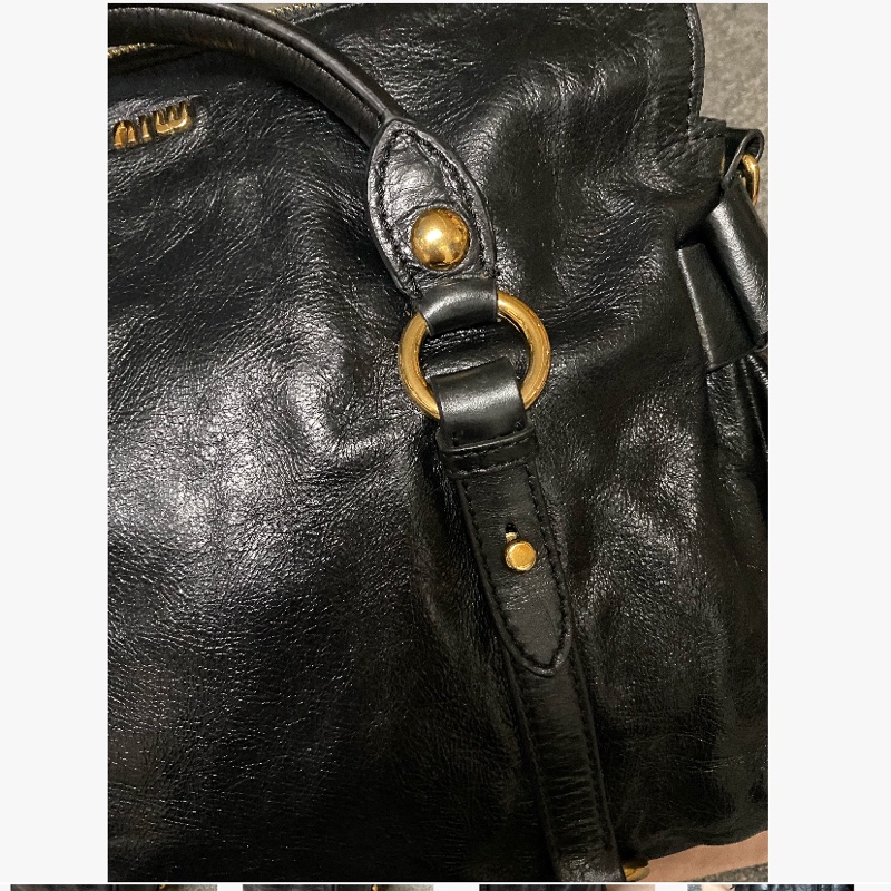 miumiu黑金油蠟蝴蝶結包 機車包 機場包  斜背包 手-18