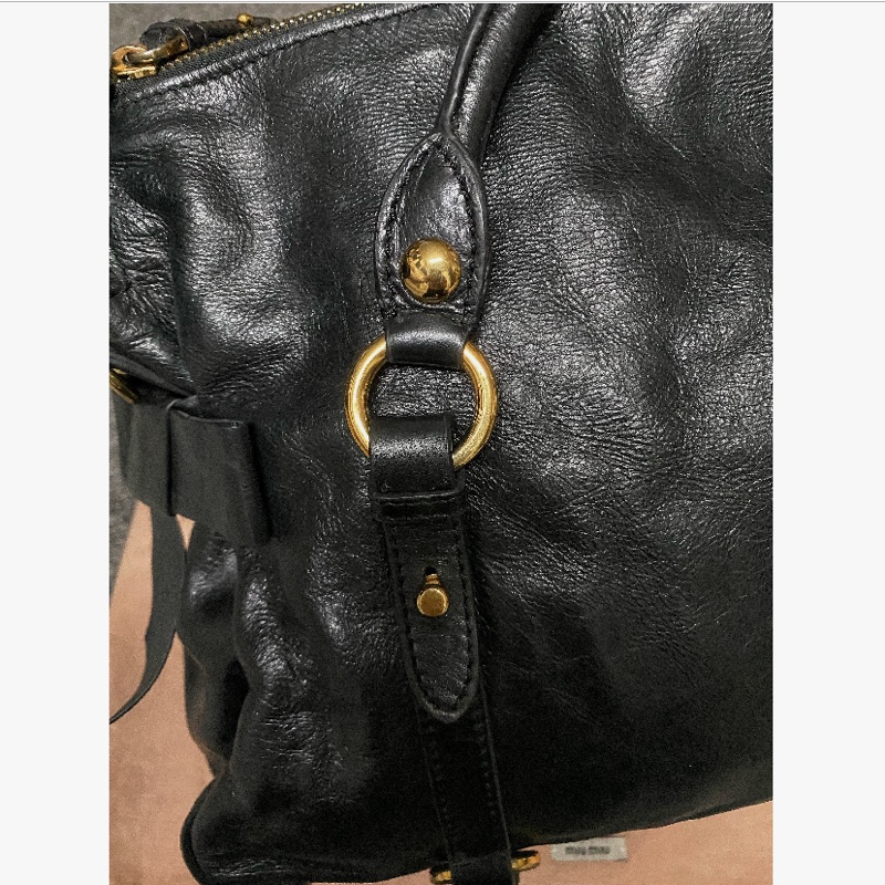 miumiu黑金油蠟蝴蝶結包 機車包 機場包  斜背包 手-19