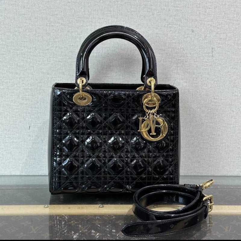 DIOR 黑金漆皮黛妃五格手提斜背包24*21*12 98新配件塵袋-0