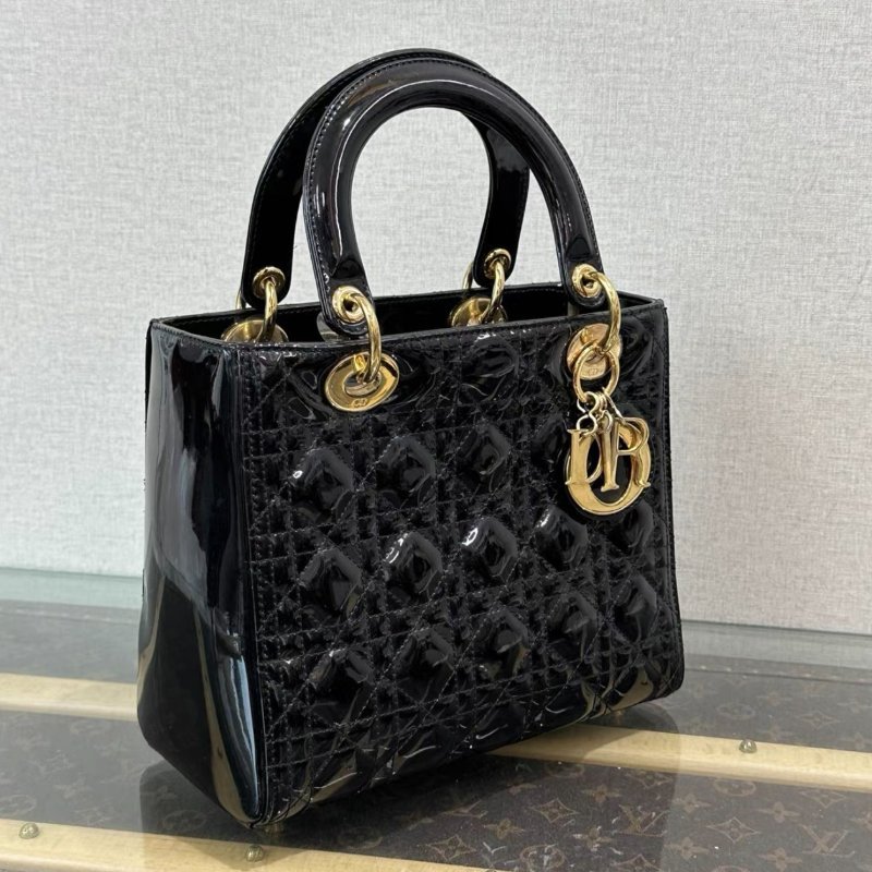 DIOR 黑金漆皮黛妃五格手提斜背包24*21*12 98新配件塵袋-1