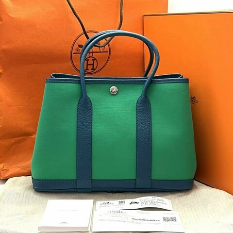 ️HERMES 帆布拼皮花園30手提包 30*21*14 99新配件塵袋購證吊牌