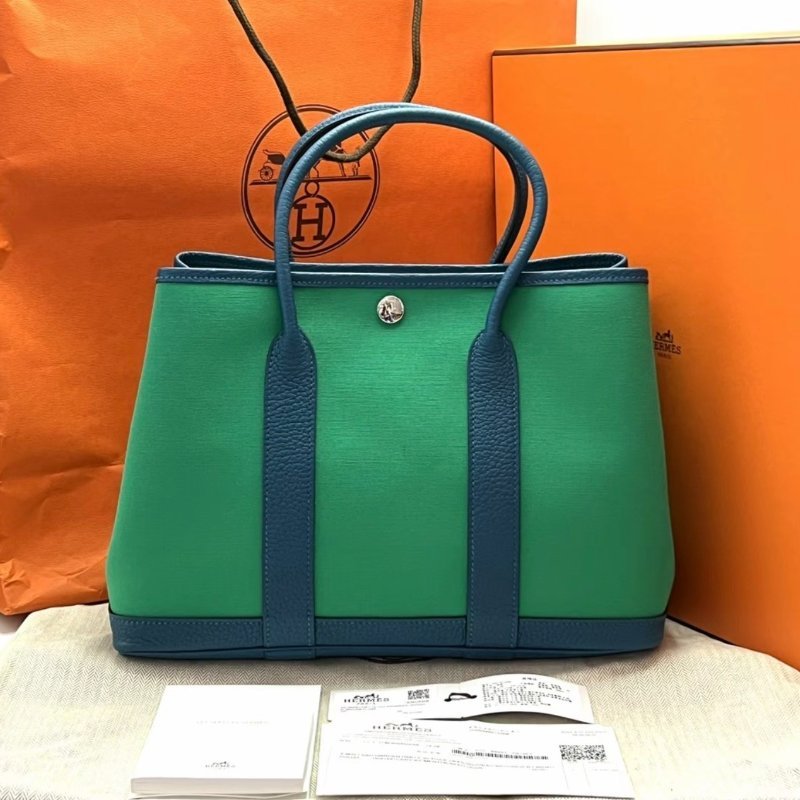 ️HERMES 帆布拼皮花園30手提包 30*21*14 99新配件塵袋購證吊牌-0