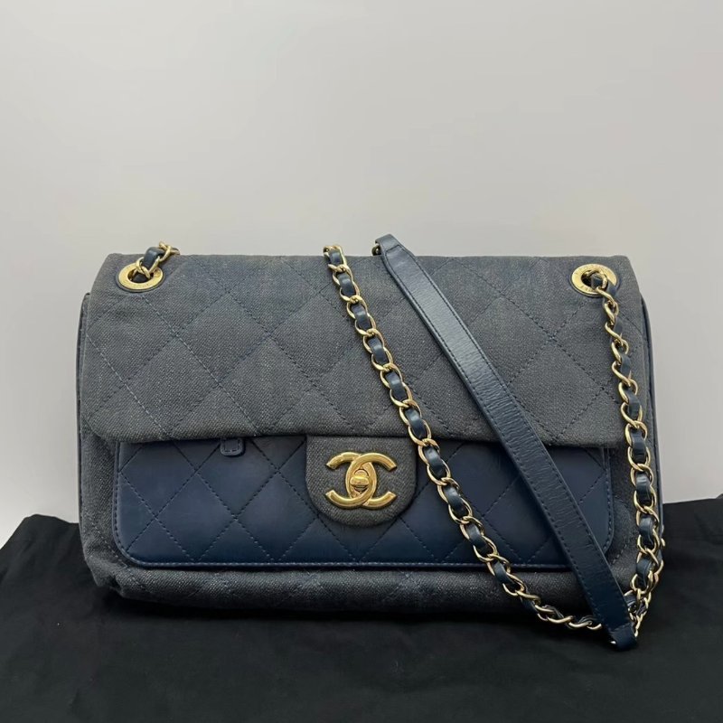 ️CHANEL 丹寧牛仔cf肩背斜背鏈條包 29*15*9 98新配件塵袋-0