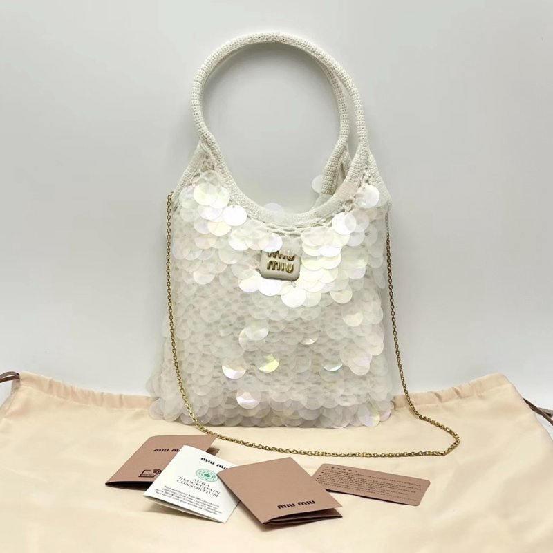 MIUMIU 25ss holiday系列mini ivy白色人魚鱗片編織手提包20*24*3 全新閒置配件塵袋-0