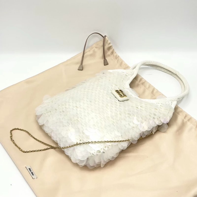 MIUMIU 25ss holiday系列mini ivy白色人魚鱗片編織手提包20*24*3 全新閒置配件塵袋-2