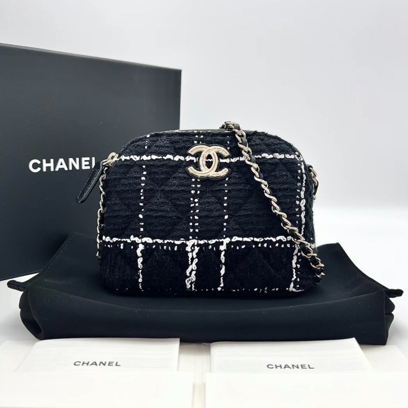 CHANEL 24K黑白格紋毛呢貝殼鏈條包 15.5*12*5 全新閒置配件盒子塵袋-0