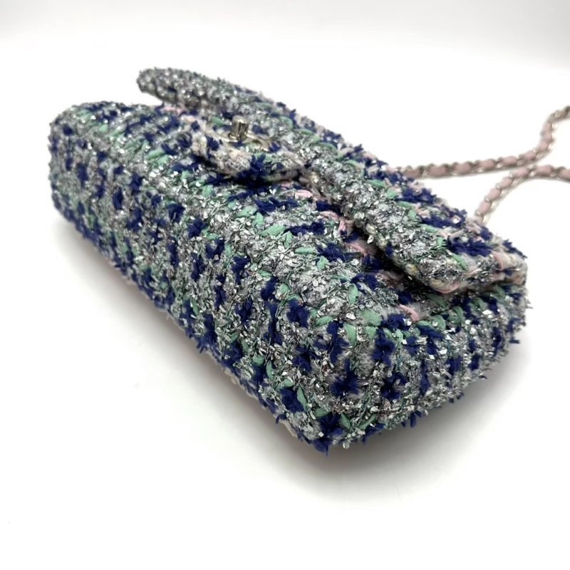 CHANEL 藍粉毛呢CF中號肩背鍊條包25*15*6 99新配件塵袋-2