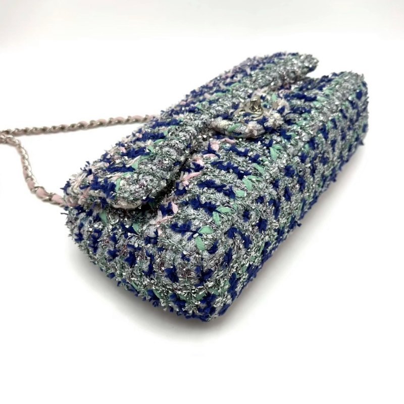 CHANEL 藍粉毛呢CF中號肩背鍊條包25*15*6 99新配件塵袋-4