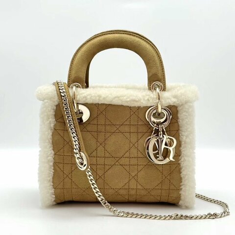 DIOR 棕色羊羔毛三格戴妃手提斜背包 18*15*9 99新配件塵袋
