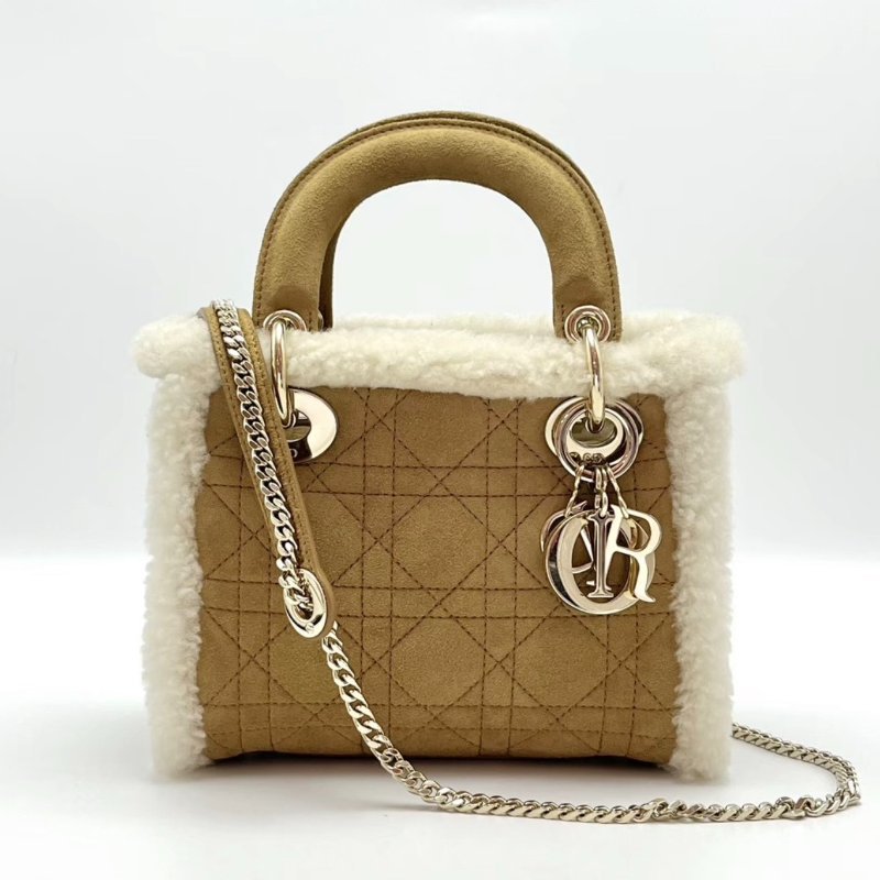 DIOR 棕色羊羔毛三格戴妃手提斜背包 18*15*9 99新配件塵袋-0