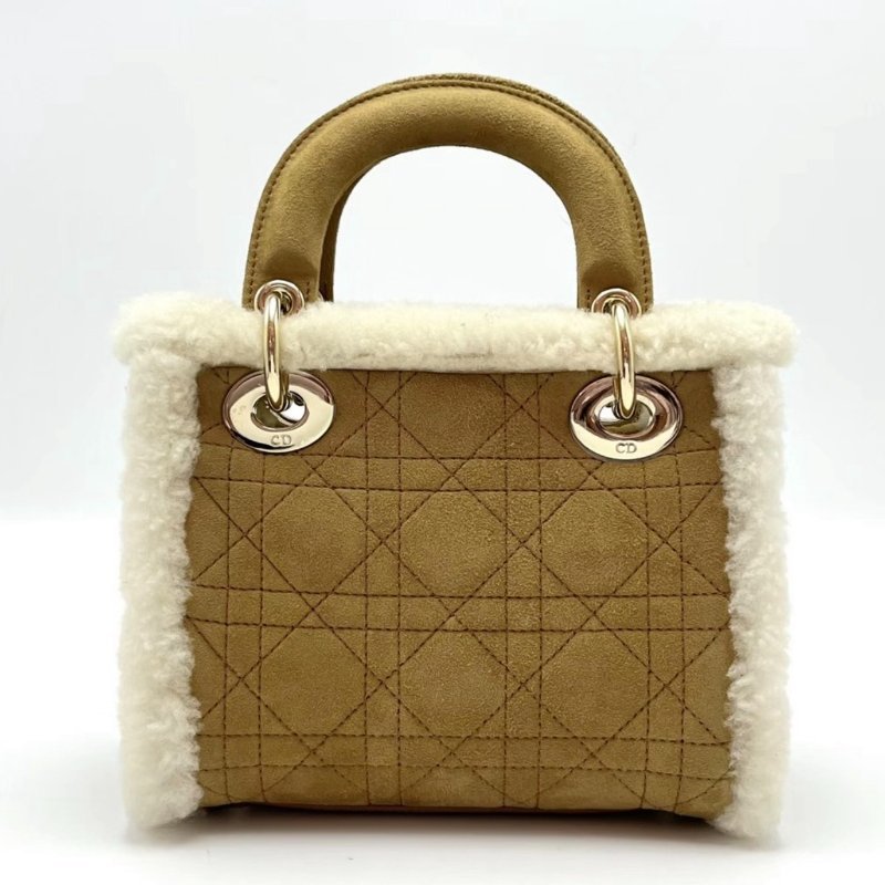 DIOR 棕色羊羔毛三格戴妃手提斜背包 18*15*9 99新配件塵袋-5
