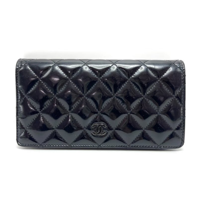 CHANEL soblack漆皮折疊長款錢包18.5*9.5*2.5 98新配件塵袋-0