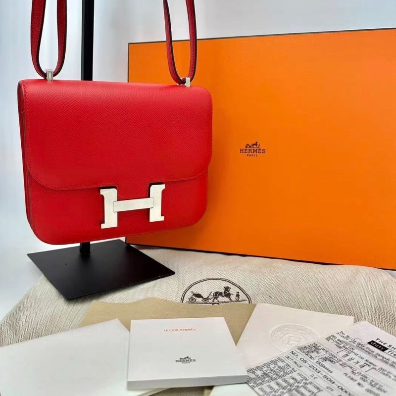 HERMES 辣椒紅銀扣19康康肩背斜背包 19*15*4 99新配件盒子塵袋購證-0