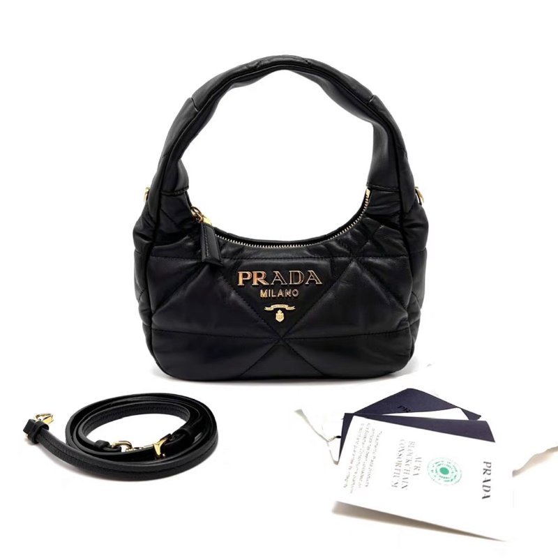 PRADA 新款黑金羊皮hobo肩背腋下包21*13*7 98新配件塵袋-0
