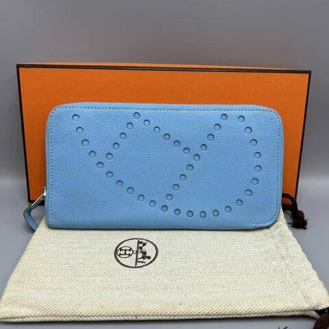 HERMES 牛仔藍鏤空拉鍊長款錢包20*10*1.5 98新配件盒子塵袋