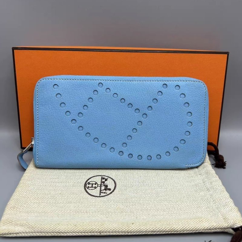 HERMES 牛仔藍鏤空拉鍊長款錢包20*10*1.5 98新配件盒子塵袋-0