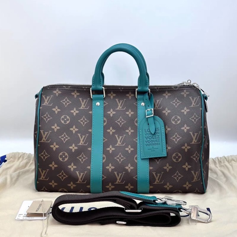 LV 老花拼綠keepall Bandouliere35 手提斜背包芯片款35*21*16 全新閒置配件塵袋吊牌-0