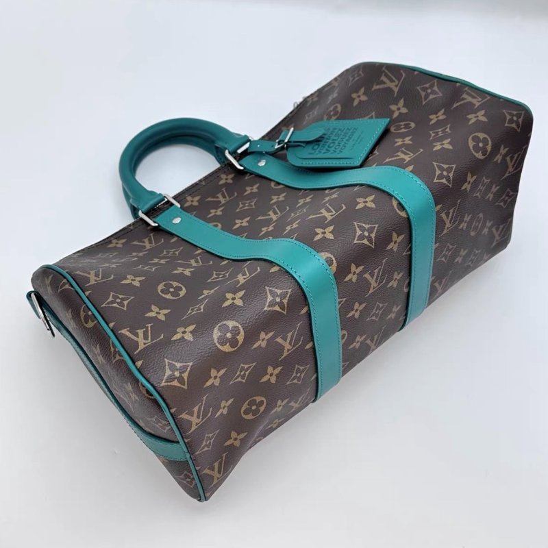 LV 老花拼綠keepall Bandouliere35 手提斜背包芯片款35*21*16 全新閒置配件塵袋吊牌-4