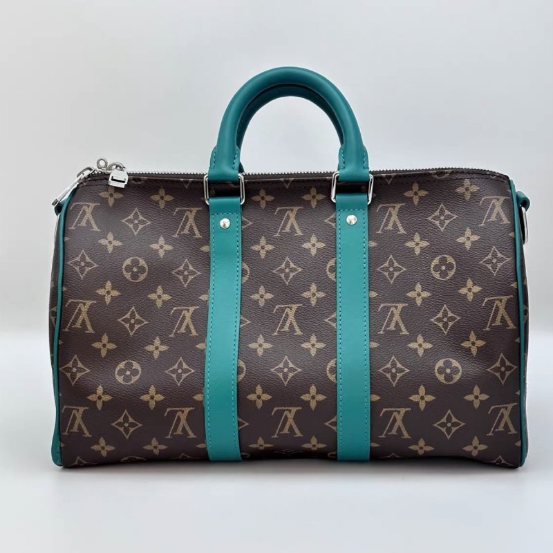 LV 老花拼綠keepall Bandouliere35 手提斜背包芯片款35*21*16 全新閒置配件塵袋吊牌-5