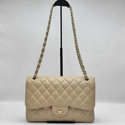 CHANEL 奶茶色金扣荔枝牛皮CF大號jumbo肩背斜背包30*19.5*8 98新配件塵袋