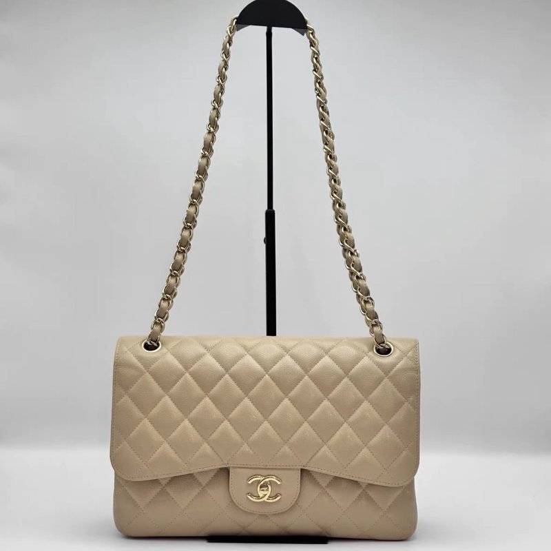 CHANEL 奶茶色金扣荔枝牛皮CF大號jumbo肩背斜背包30*19.5*8 98新配件塵袋-0