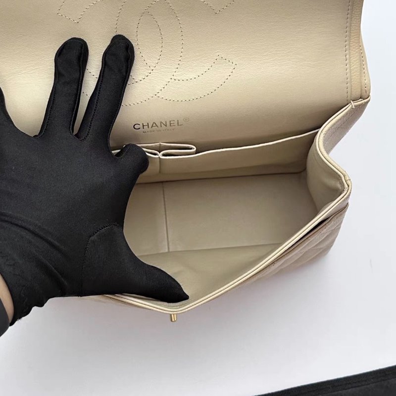 CHANEL 奶茶色金扣荔枝牛皮CF大號jumbo肩背斜背包30*19.5*8 98新配件塵袋-1