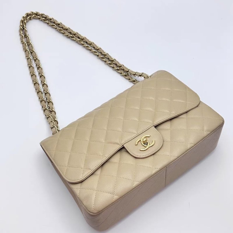 CHANEL 奶茶色金扣荔枝牛皮CF大號jumbo肩背斜背包30*19.5*8 98新配件塵袋-2