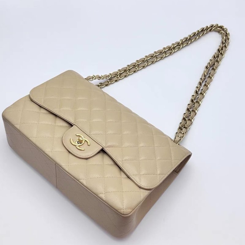 CHANEL 奶茶色金扣荔枝牛皮CF大號jumbo肩背斜背包30*19.5*8 98新配件塵袋-4