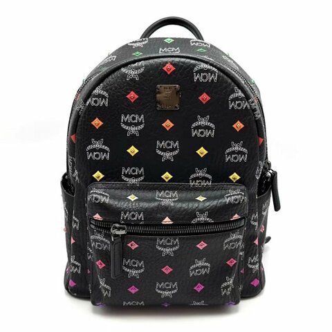 MCM 黑色老花滿印彩虹釘後背包 26*31*12 98新