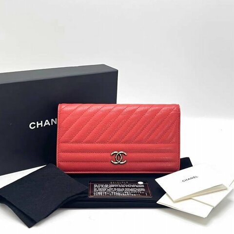 CHANEL 紅金外縫線折疊開合長款錢包18*10*2 98新配件盒子塵袋保卡