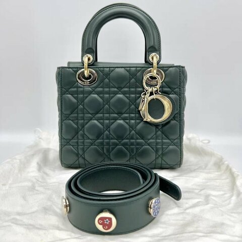 DIOR 深綠色金戴妃四格徽章肩帶手提包20*17*8 98新配件塵袋