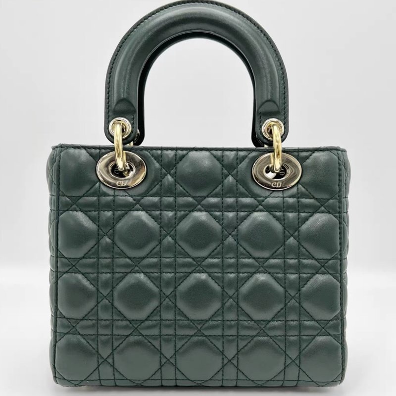 DIOR 深綠色金戴妃四格徽章肩帶手提包20*17*8 98新配件塵袋-5